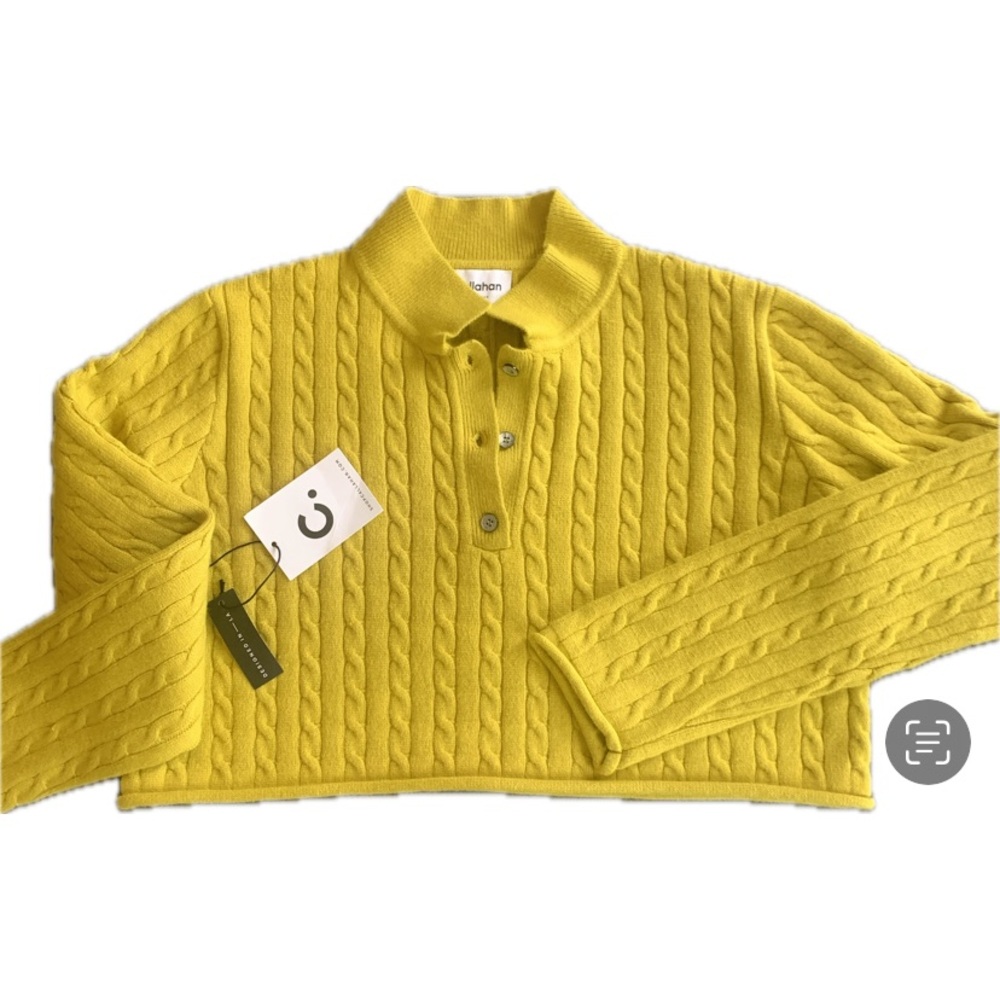 NWT! Callahan Women's Cable Knit Long Sleeve Cropped Daisy Polo in Dandelion | M